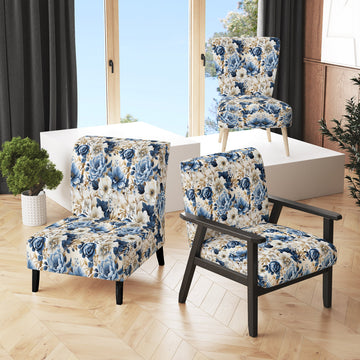 Blue And White Exotic Floral Canvas - Upholstered Cottage Accent Chairs